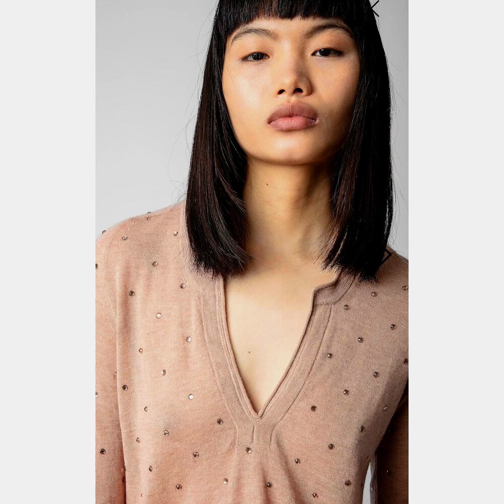 Zadig & Voltaire Riviera Rhinestone Cashmere Sweater Blush Size M - Picture 5 of 16